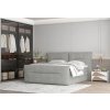 Boxspring postel SNOW v interiéru ložnice, celkový pohled z mírného úhlu, světle šedé čalounění