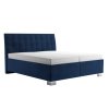 Čalouněná postel EXCLUSIVE Blanář v tmavě modrém potahu, boční pohled na bílém pozadí s matrací a prošívaným čelem.