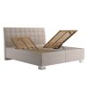 Čalouněná postel EXCLUSIVE Blanář béžová, pohled na bílém pozadí s vyklopeným roštem a otevřeným úložným prostorem.