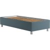 Čalouněná postel NEPTUN modrozelená, pohled na bílém pozadí s odkrytým lamelovým roštem bez matrace.