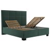 Čalouněná postel SABRINA tmavě zelená, pohled na bílém pozadí s vyklopeným roštem a otevřeným úložným prostorem.