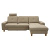 Rohová sedací souprava BORNEO v béžové látce s pravým rohem a vyššími opěrkami, čelní pohled na sestavu s lenoškou.