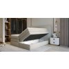 Boxspring postel HERMES s vyklopenými matracemi, celkový pohled na úložný prostor, světle béžové čalounění