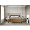 Čalouněná postel LENDO, čelní pohled v ložnici, světle hnědé čalounění, symetrické čelo
