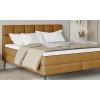 Boxspring postel LENDO, pohled z boku a zepředu, světle hnědé čalounění, kontinentální provedení