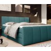 Boxspring postel MARY v ložnici, pohled z boku a zepředu, tmavě tyrkysové čalounění