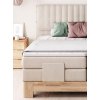 Boxspring postel SANDRA, čelní pohled, světle béžové čalounění, vysoké čelo s vertikálním členěním