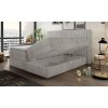 Boxspring postel MEDINA, pohled z boku a zepředu v interiéru, světle šedé čalounění