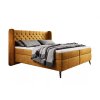 Čalouněná boxspring postel NOLAN, celkový pohled zepředu, hořčicově žluté čalounění, vysoké čelo s prošíváním