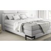 Boxspring postel PATRICIA v ložnici, pohled zepředu a z boku, světle šedé čalounění