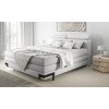 Boxspring postel PATRICIA v interiéru ložnice, celkový pohled z mírného úhlu, světle šedé čalounění
