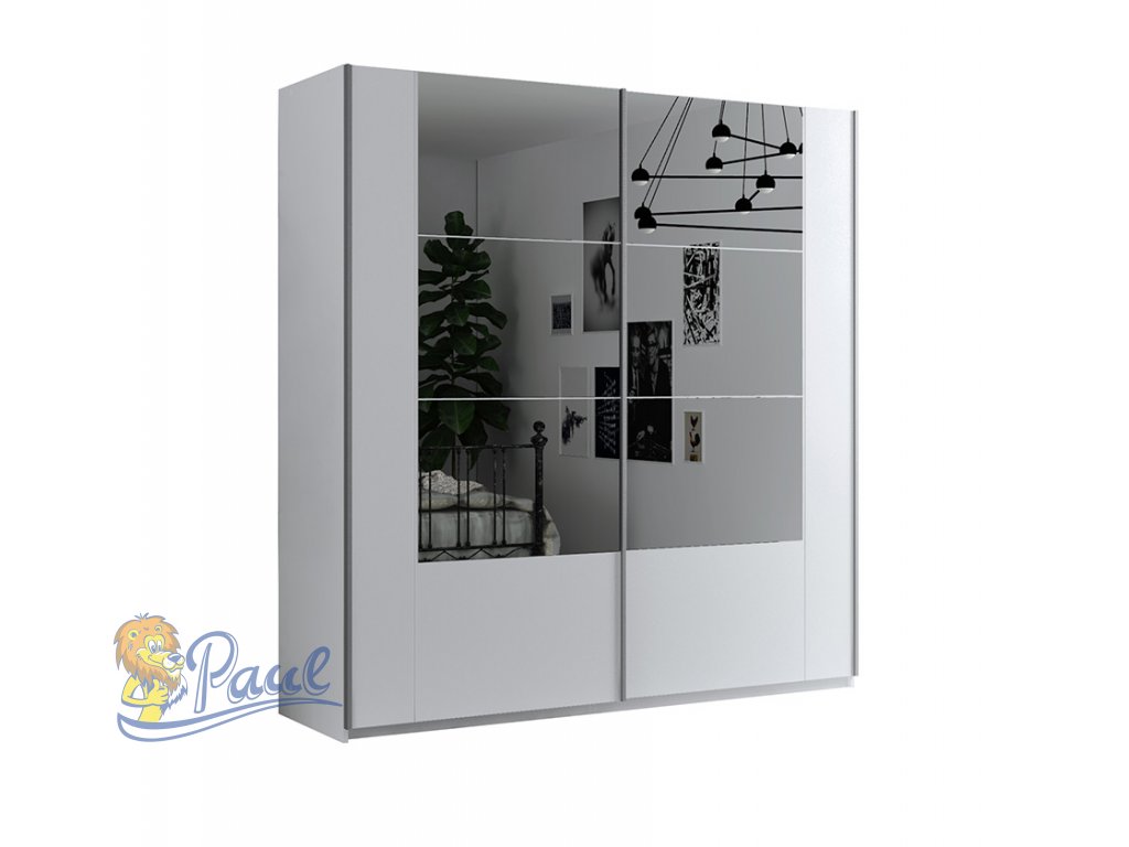 Šatní skříň Santiago s posuvnými dveřmi se zrcadlem - šířka 200 bílá