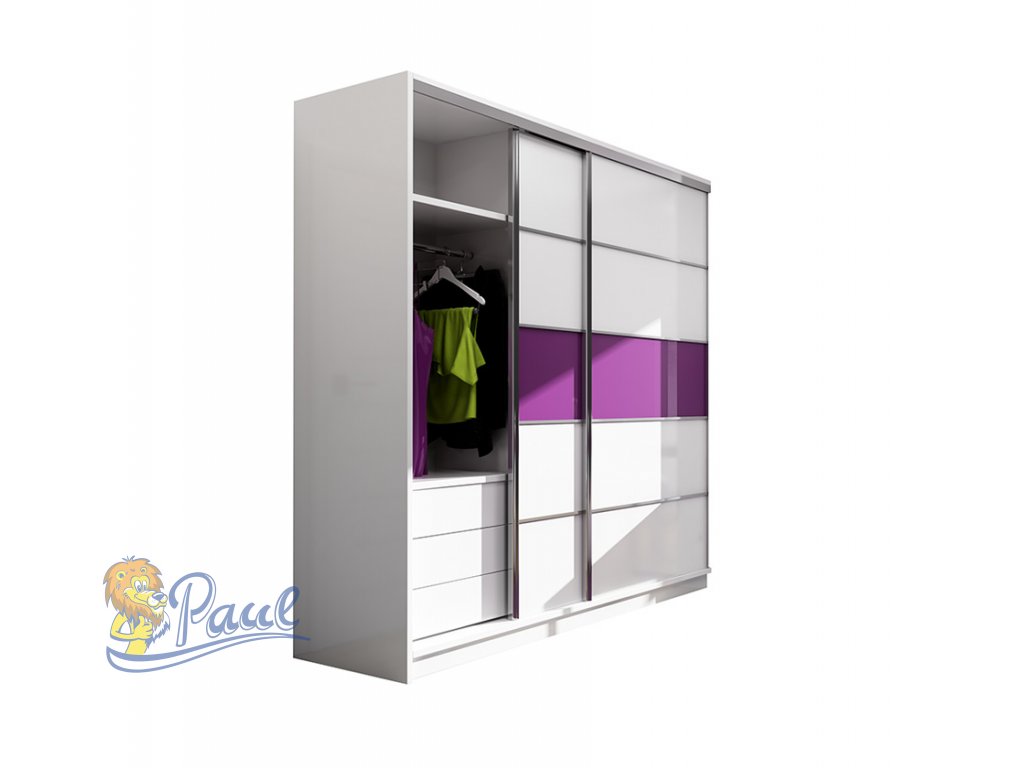 Šatní skříň Dubaj s posuvnými dveřmi - šířka 226 cm bílá + fialová