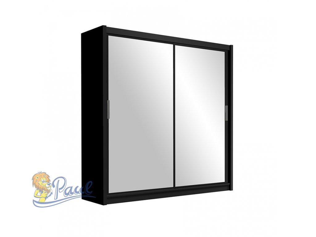 Šatní skříň Paris s posuvnými dveřmi se zrcadlem - šířka 203 cm černá
