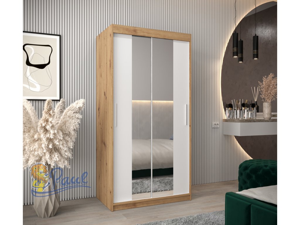šatní skříň t1 s posuvnými dveřmi se zrcadlem - šířka 100 cm dub artisan + bílá