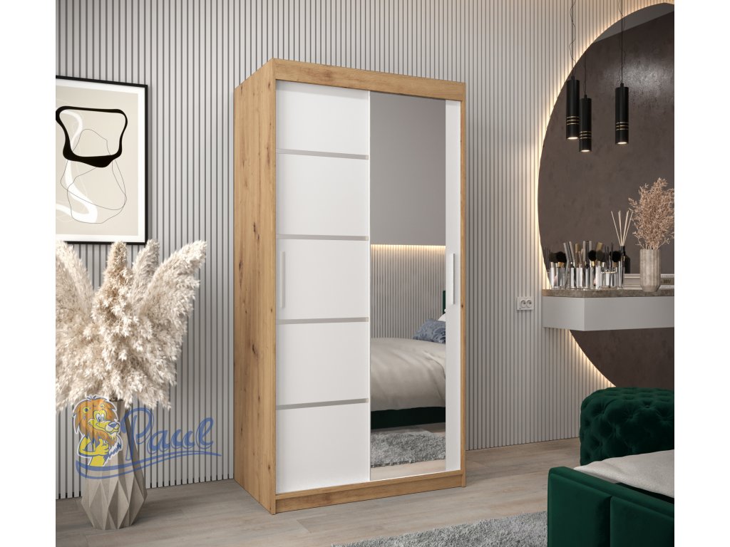šatní skříň v2 s posuvnými dveřmi se zrcadlem - šířka 100 cm dub artisan + bílá
