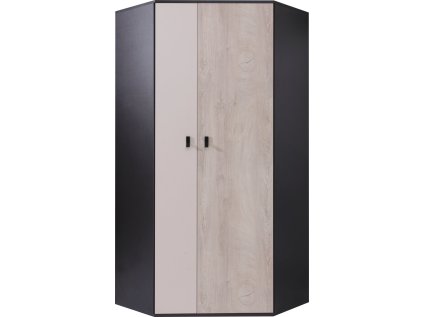 Rohová šatní skříň Planet PL2 s klasickými dveřmi s policemi - šířka 90 cm sonoma + černá