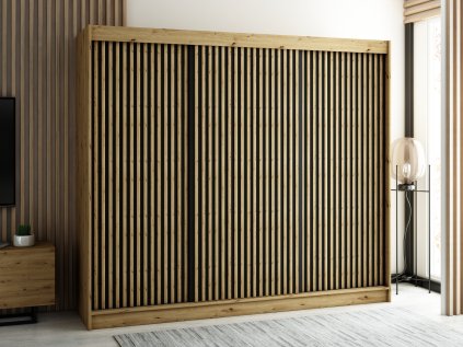 šatní skříň lamelo 1 s posuvnými dveřmi - šířka 250 cm dub artisan + černá