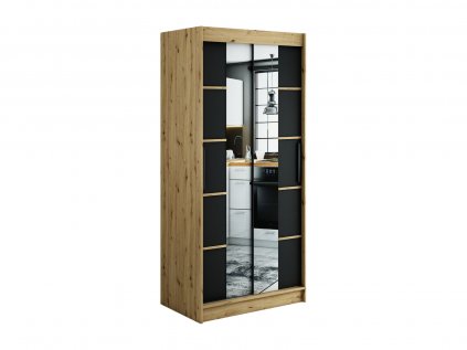 šatní skříň leto v4 s posuvnými dveřmi se zrcadlem - šířka 100 cm dub artisan + černá