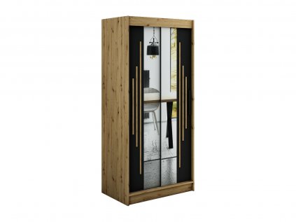 šatní skříň leto y1 s posuvnými dveřmi se zrcadlem - šířka 100 cm dub artisan + černá