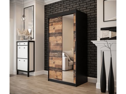 šatní skříň old style t2 s posuvnými dveřmi se zrcadlem - šířka 100 cm old style + černá