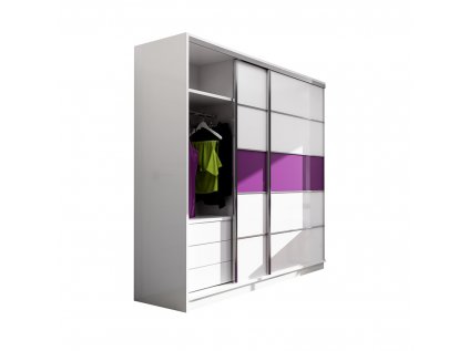 Šatní skříň Dubaj s posuvnými dveřmi - šířka 226 cm bílá + fialová