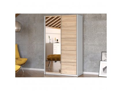 šatní skříň irena s posuvnými dveřmi se zrcadlem - šířka 120 cm bílá + dub sonoma