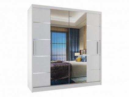 Šatní skříň Belini ME SZP7 s posuvnými dveřmi se zrcadlem a ozdobnými lištami ve stříbrné barvě s šatní tyčí, policemi a se zásuvkami barva bílá