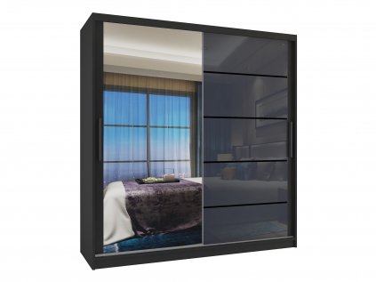 Šatní skříň Belini MGB SZP7 o šířce 158 cm barva černá a šedý lesk s posuvnými dveřmi se zrcadlem