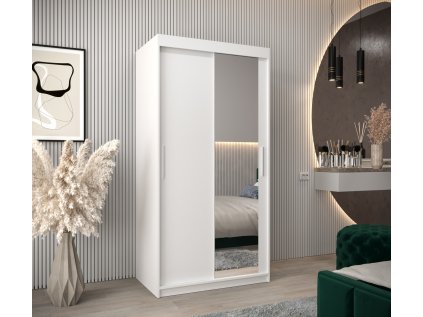 šatní skříň T2 s posuvnými dveřmi se zrcadlem - šířka 100 cm bílá