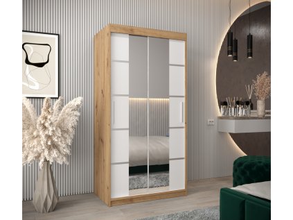 šatní skříň v4 s posuvnými dveřmi se zrcadlem - šířka 100 cm dub artisan + bílá
