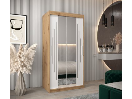 šatní skříň abi y1 s posuvnými dveřmi se zrcadlem - šířka 100 cm dub artisan + bílá
