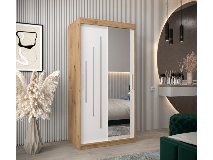 šatní skříň abi y2 s posuvnými dveřmi se zrcadlem - šířka 100 cm dub artisan + bílá