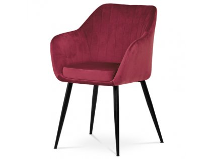 Jídelní židle, potah červená sametová látka, kovové nohy, černý matný lak