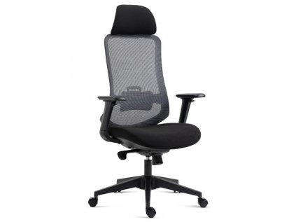 Kancelářská židle, černý plast, černá látka, 4D područky, kolečka pro tvrdé povrchy, houpací mechanika s polohovou areta