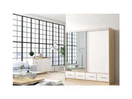 Šatní skříň Hidaka s posuvnými dveřmi se zrcadlem se šuplíky - šířka 200 cm dub sonoma + bílá