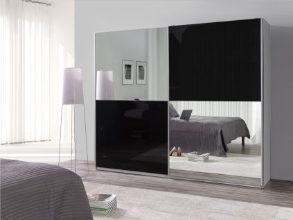 Šatní skříň Lux 26 s posuvnými dveřmi se zrcadlem - šířka 244 cm bílá + černá