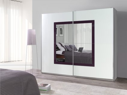 Šatní skříň Lux 32 s posuvnými dveřmi se zrcadlem - šířka 244 cm bílá + fialová