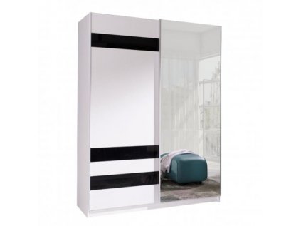Šatní skříň Batumi 7 s posuvnými dveřmi se zrcadlem - šířka 150 cm bílá s černými pruhy