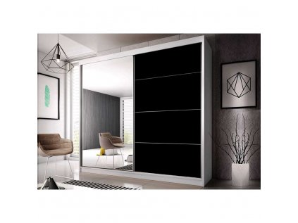 šatní skříň multi 31 s posuvnými dveřmi se zrcadlem - šířka 233 cm černá + bílá