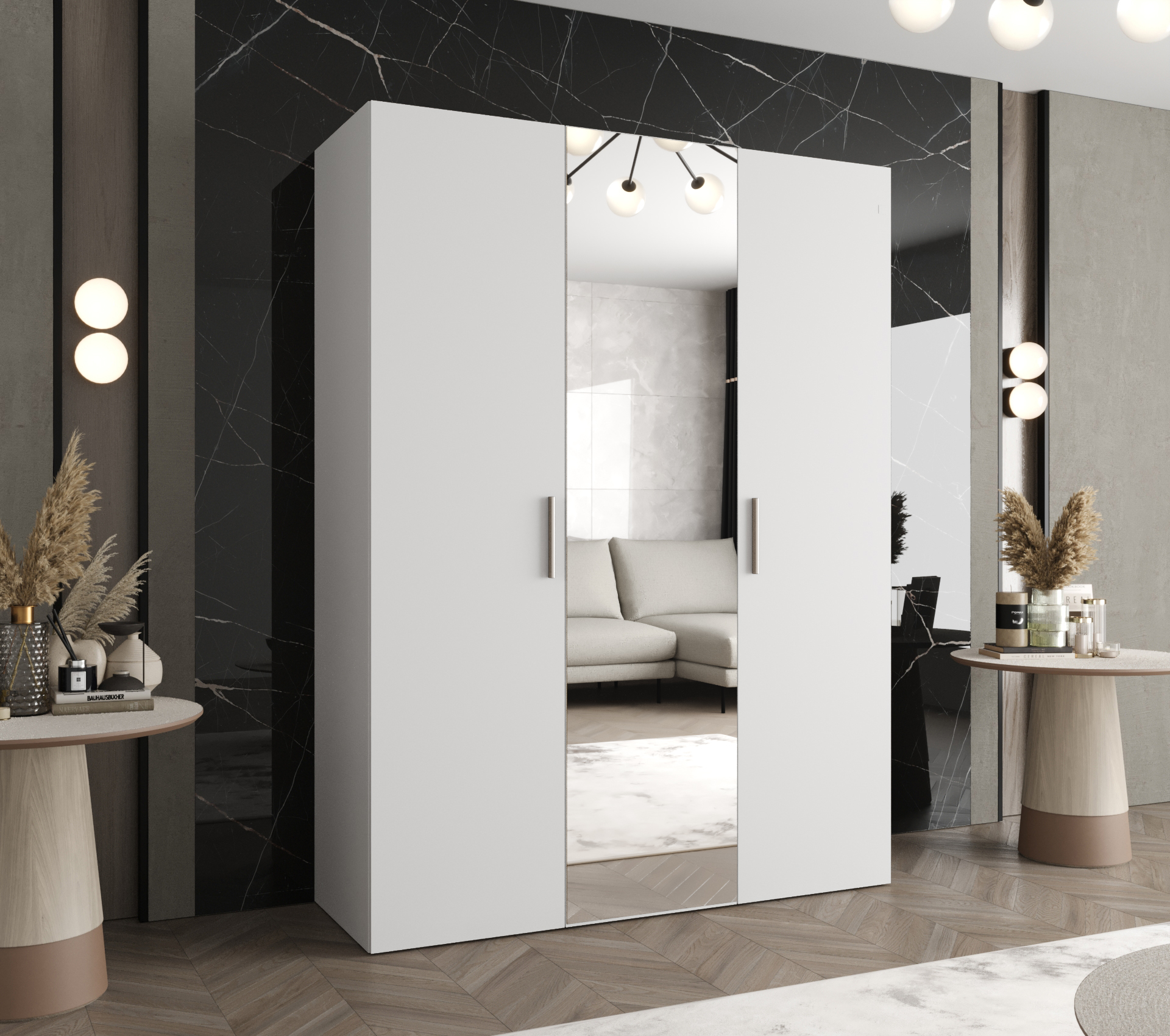 Šatní skříň Abi Bari 2 Rozměry: 150 cm, Pásky / úchyty: Kašmír, Barva korpusu + barva dveří: Bílá + Bílá