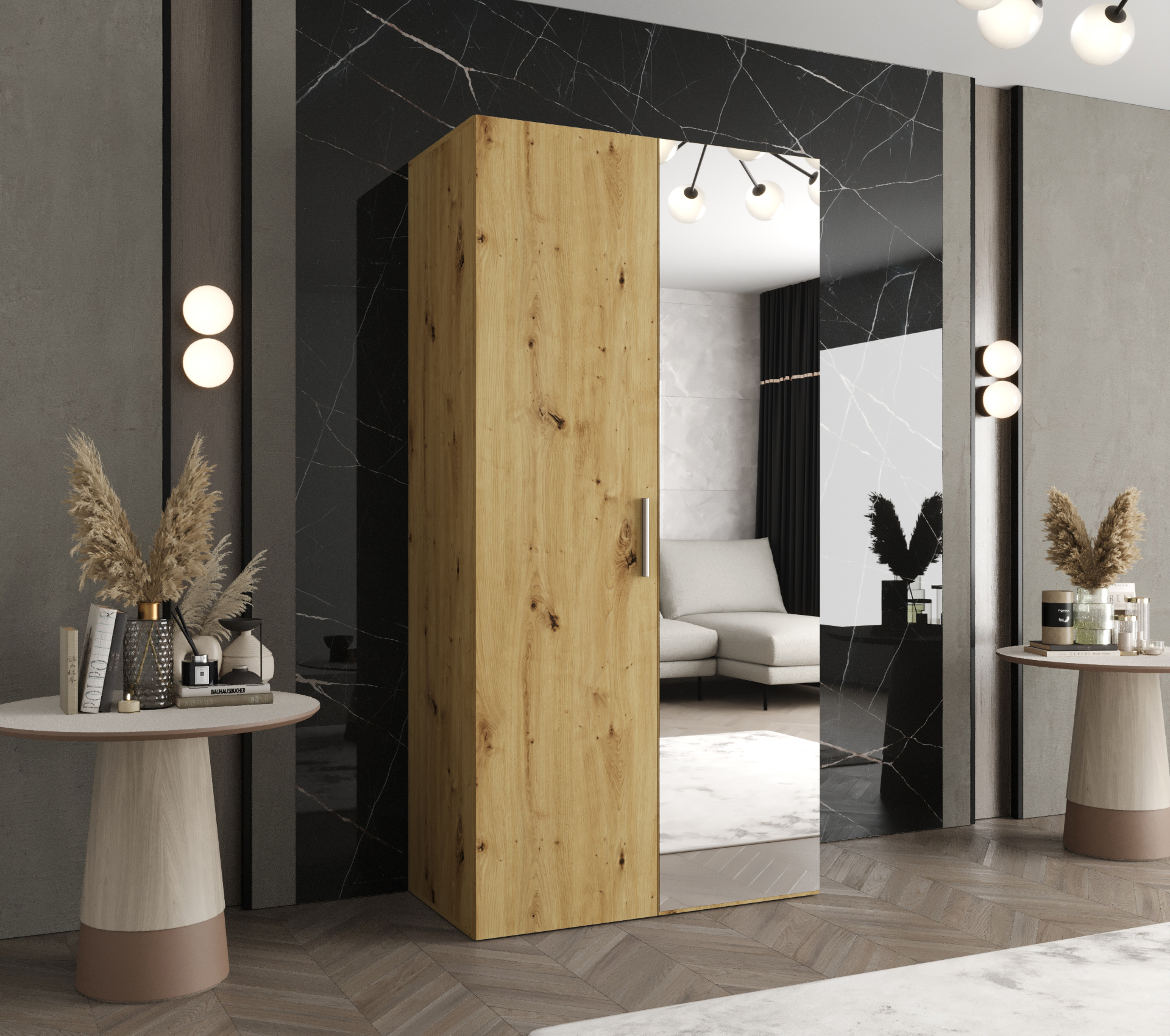 Šatní skříň Abi Bari 2 Rozměry: 100 cm, Pásky / úchyty: Kašmír, Barva korpusu + barva dveří: Dub artisan + Dub artisan