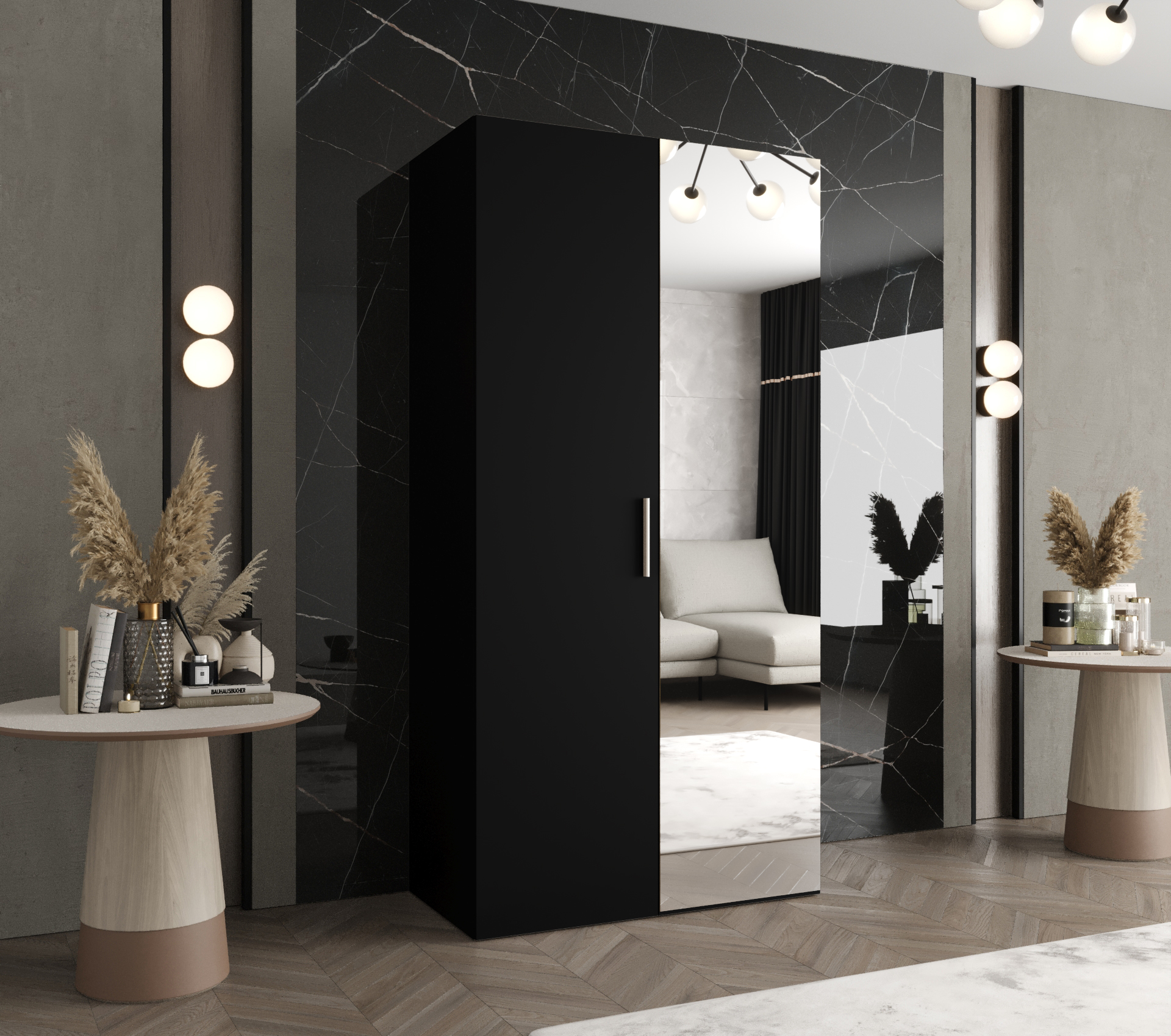 Šatní skříň Abi Bari 2 Rozměry: 100 cm, Pásky / úchyty: Kašmír, Barva korpusu + barva dveří: Černá + Černá