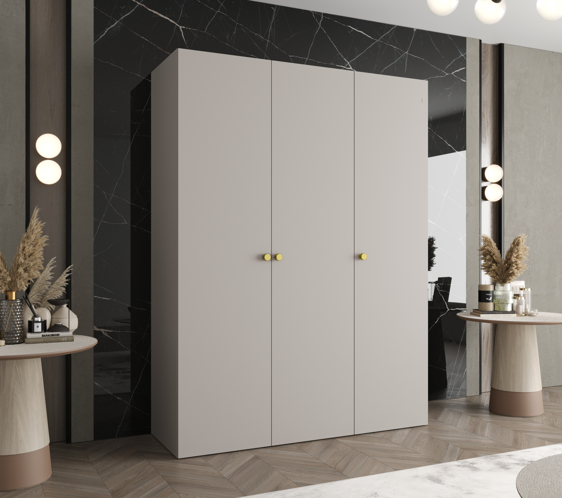 Šatní skříň Abi Parma 1 Rozměry: 150 cm, Pásky / úchyty: Zlatý, Barva korpusu + barva dveří: Kašmír + Kašmír
