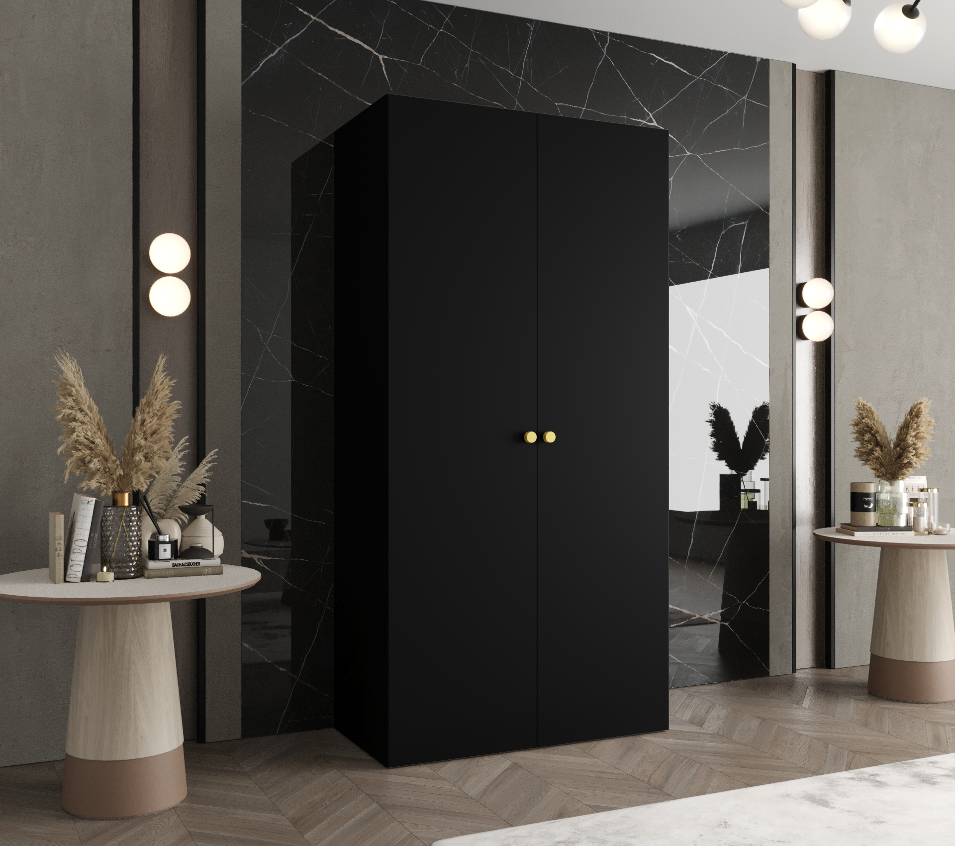 Šatní skříň Abi Parma 1 Rozměry: 100 cm, Pásky / úchyty: Zlatý, Barva korpusu + barva dveří: Černá + Černá