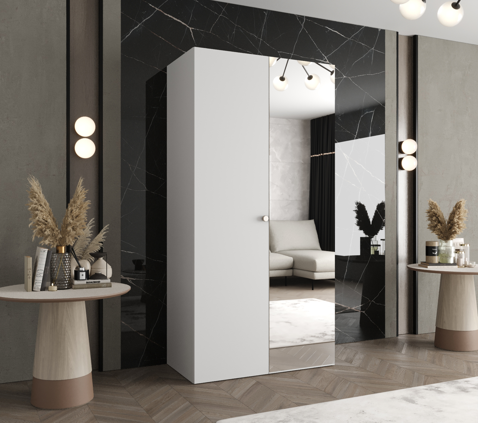 Šatní skříň Abi Parma 2 Rozměry: 100 cm, Pásky / úchyty: Kašmír, Barva korpusu + barva dveří: Bílá + Bílá