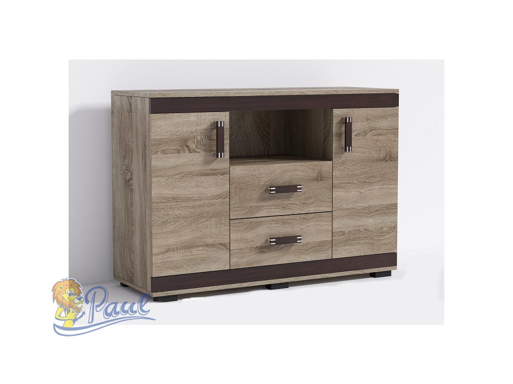 Komoda P15 140 cm Barva korpusu: Dub - sonoma, Lišta: Bílá, Barva dvířek: Wenge