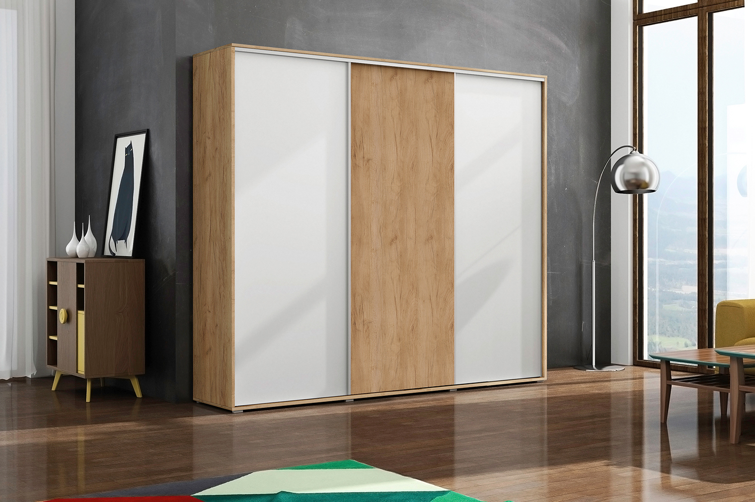 Šatní skříň Ska A24 XL Economy Barva korpusu: Dub - Craft zlatý, Rozměry: 278 cm, Dveře: Craft zlatý – Bílý mat