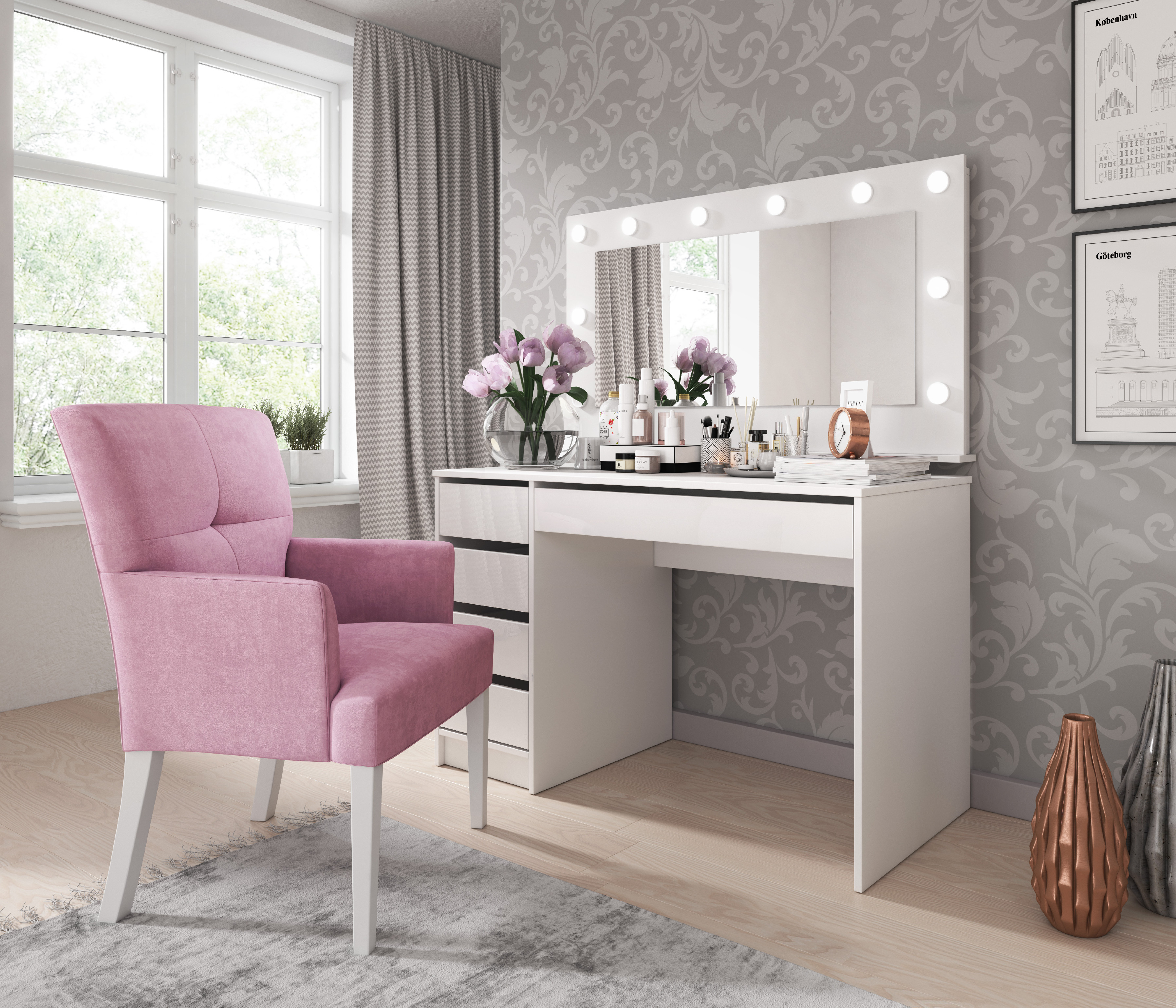 Toaletní stolek Ada Barva korpusu: Bílá, Varianty: Komplet stůl a zrcadlo - Bílá
