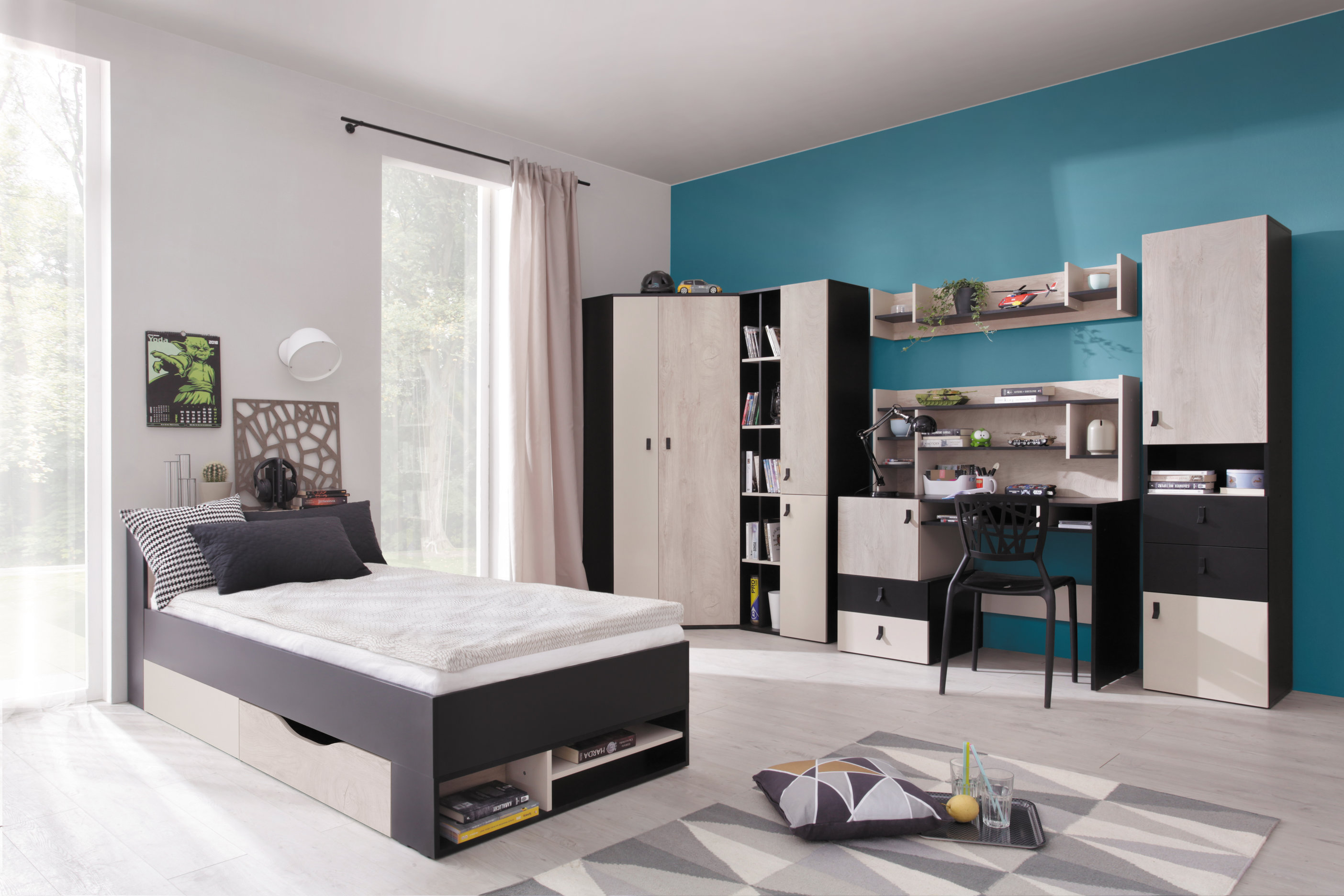 Dětský pokoj Planet 4 - Černá / Dub / Béžová